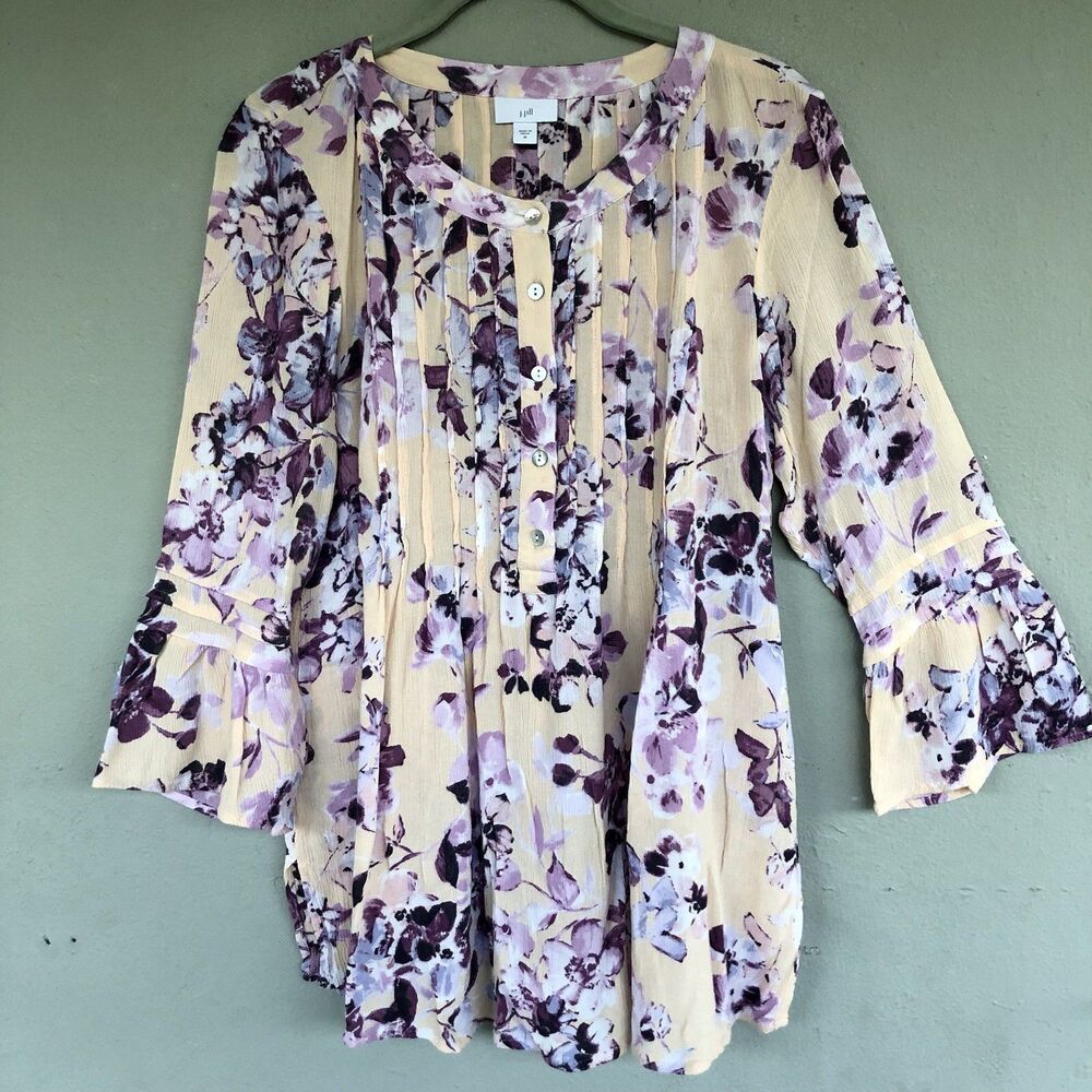 J. Jill Pintuck Floral Blouse M Cream Purple Bell Sleeve Boho Cottagecore Tunic